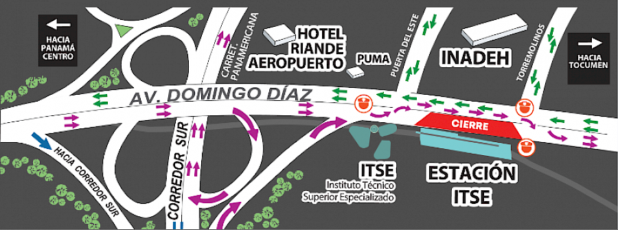 Inversión de carriles en la Ave. Domingo Díaz por la instalación del revestimiento de la cubierta de la Estación ITSE