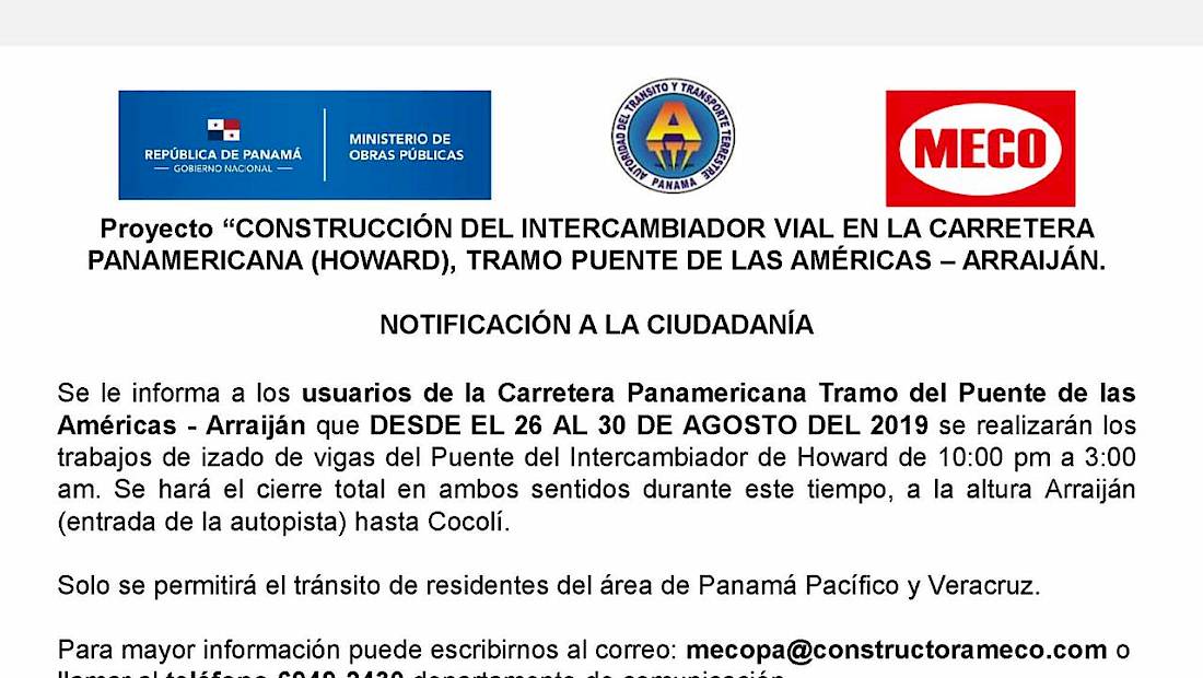Anuncian trabajos en la carretera Panamericana entre el puente de Las Américas y Arraiján