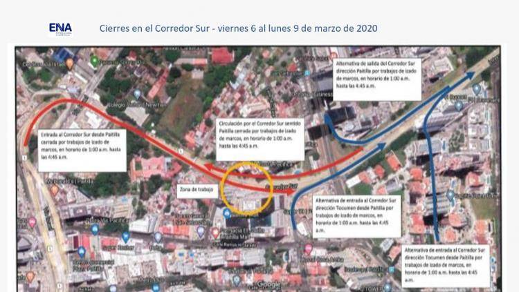 Cierres en el Corredor Sur entre el 6 y 9 de marzo