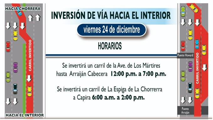 El viernes 24 de diciembre de 2021, se activan los operativos de inversión de carriles en Panamá Oeste